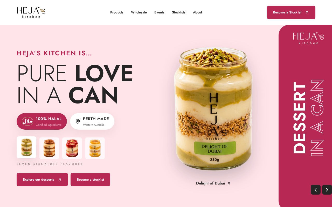 Heja’s Kitchen website homepage, a dessert brand and wholesale business in Perth, WA