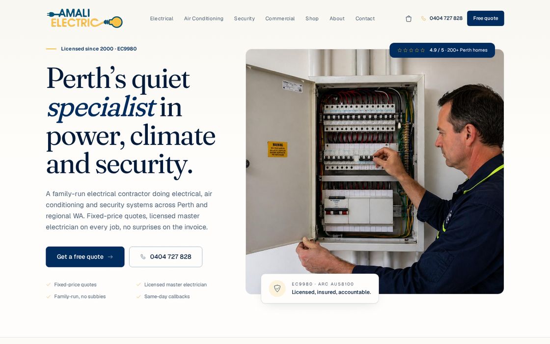 Amali Electric website homepage, a electrical contracting business in Perth, WA