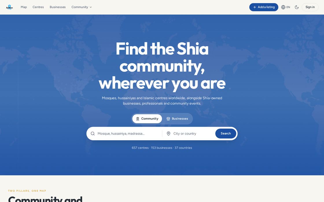 Salaam Map website homepage, a community directory platform business in Global, built from Perth