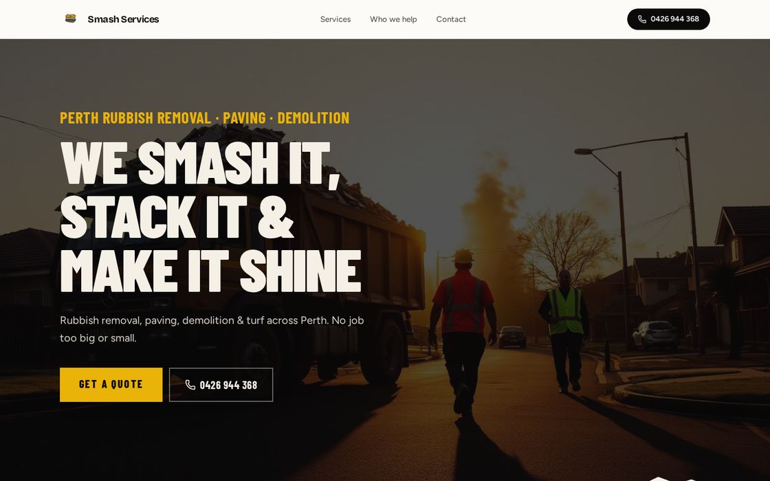 Smash Services website built by Chosen Digital, Rubbish Removal, Paving & Demolition · Perth