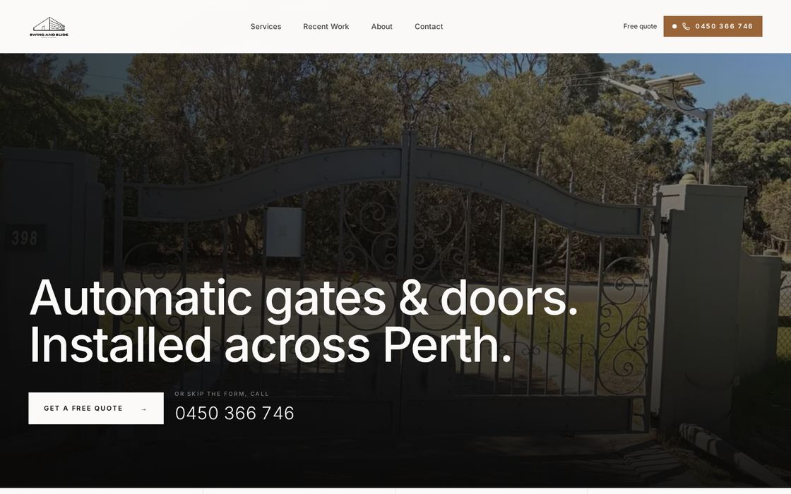 Swing & Slide website homepage, a automatic gates and fencing business in Perth, WA