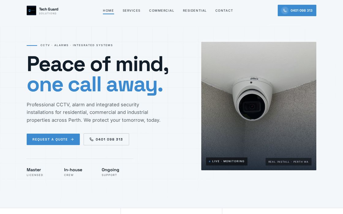Tech Guard Solutions website homepage, a cctv and security systems business in Perth, WA