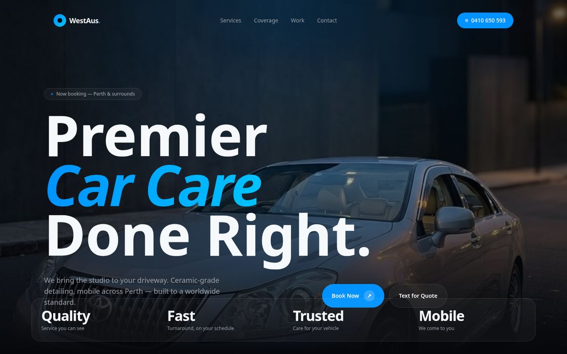 WestAus Detailing website homepage, a mobile car detailing business in Perth, WA